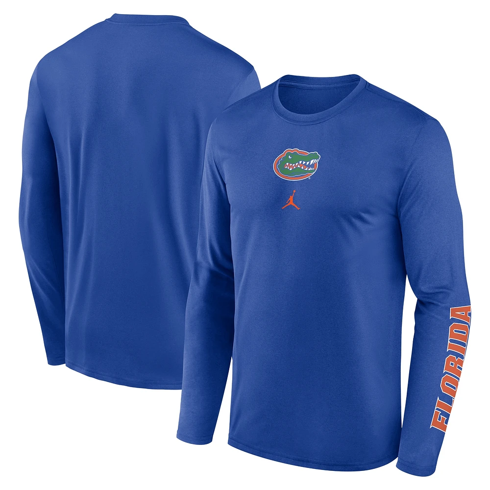 T-shirt à manches longues Jordan Brand Royal Florida Gators Primetime Center Lockup pour homme avec légende deux coups