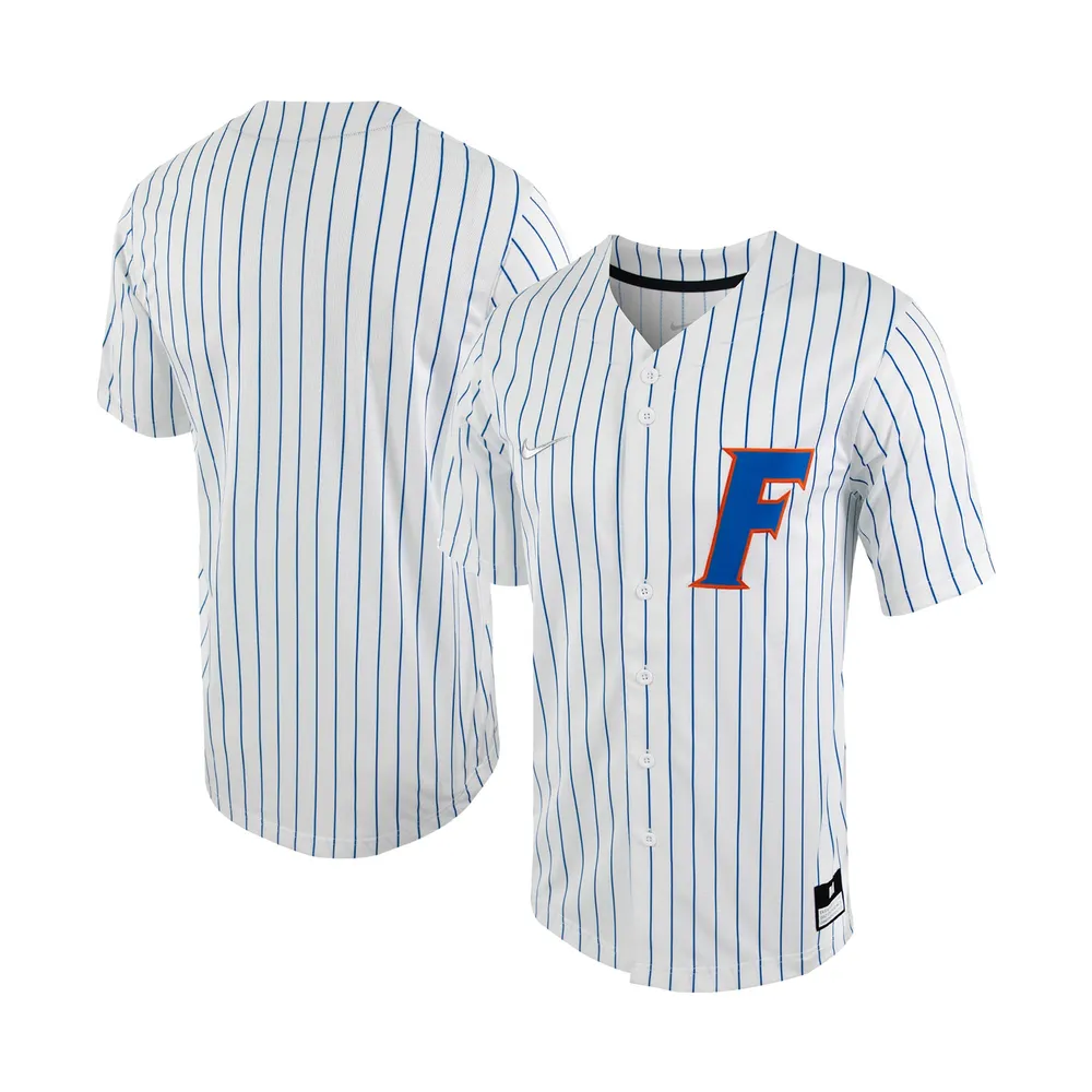 Maillot de baseball réplique à boutons complets Nike pour homme blanc/Royal Florida Gators Pinstripe