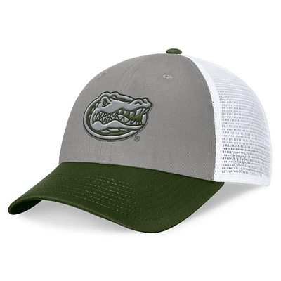 Men's Top of the World Gray/Green Florida Gators OHT Military Appreciation Badge Trucker Adjustable Hat