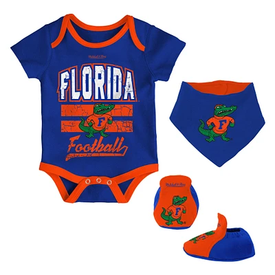 Newborn & Infant Mitchell Ness Royal Florida Gators 3-Pack Bodysuit, Bib and Bootie Set