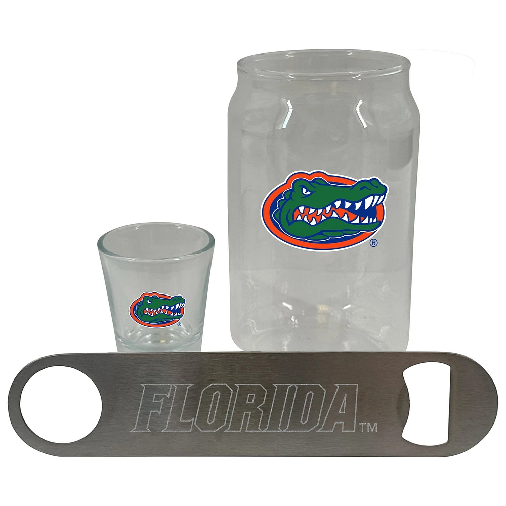 Ensemble de trois verres à bière Florida Gators de The Memory Company, verre à liqueur de 2 oz et décapsuleur