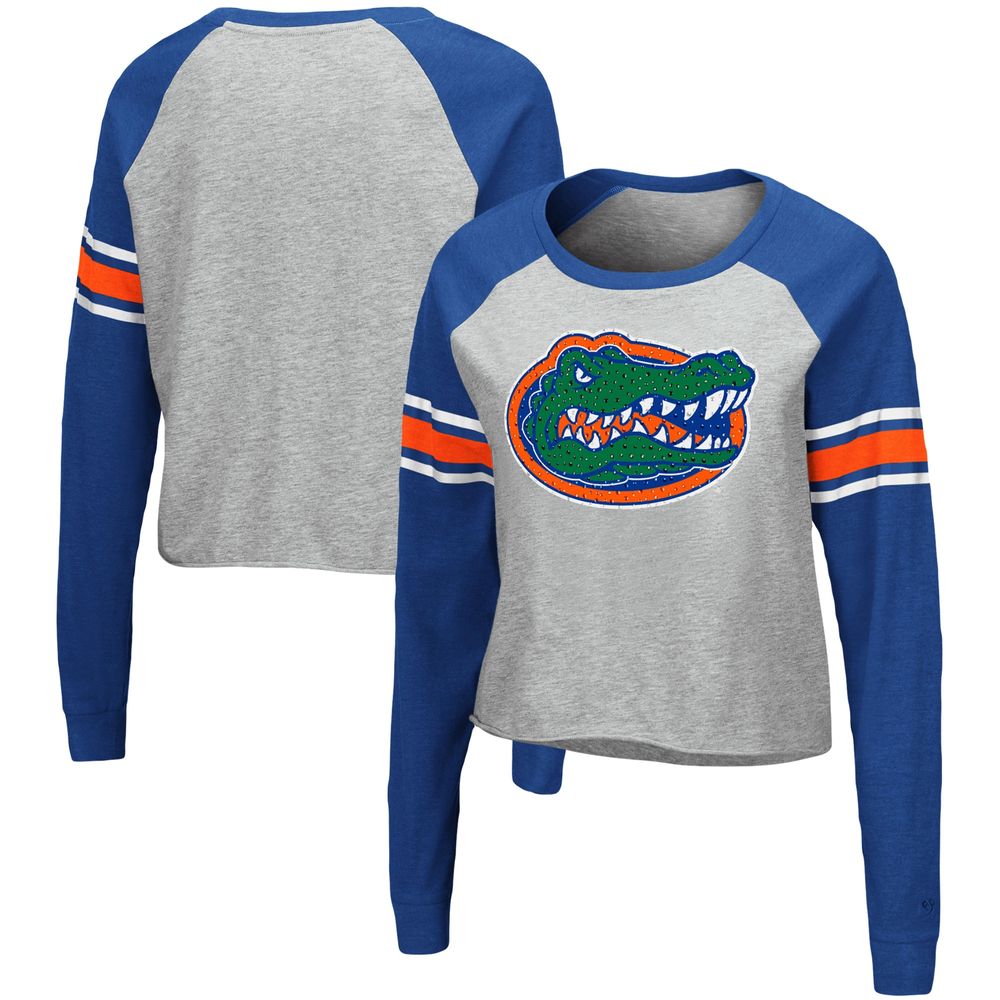 Women's Colosseum Heathered Gray/Royal Florida Gators Decoder Pin Raglan Long Sleeve T-Shirt