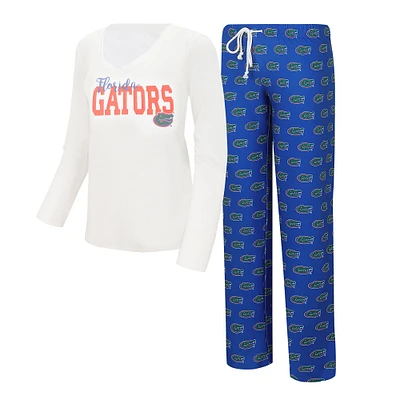 Concepts Sport Blanc/Royal Florida Gators T-shirt à col en V et pantalon de jauge pour femme