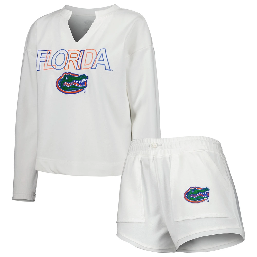 Women's Concepts Sport  White Florida Gators Sunray Notch Neck Long Sleeve T-Shirt & Shorts Set