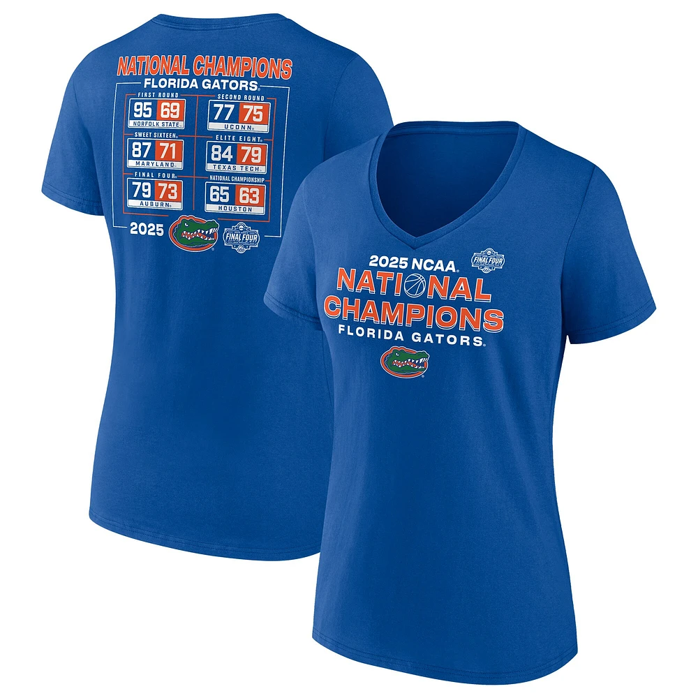 T-shirt col V « Fanatics Royal Florida Gators » pour femmes, calendrier des champions nationaux de basketball masculin NCAA 2025