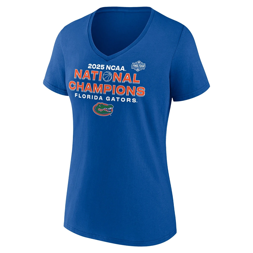 T-shirt col V « Fanatics Royal Florida Gators » pour femmes, calendrier des champions nationaux de basketball masculin NCAA 2025