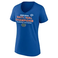 T-shirt col V « Fanatics Royal Florida Gators » pour femmes, calendrier des champions nationaux de basketball masculin NCAA 2025