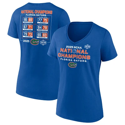 T-shirt col V « Fanatics Royal Florida Gators » pour femmes, calendrier des champions nationaux de basketball masculin NCAA 2025