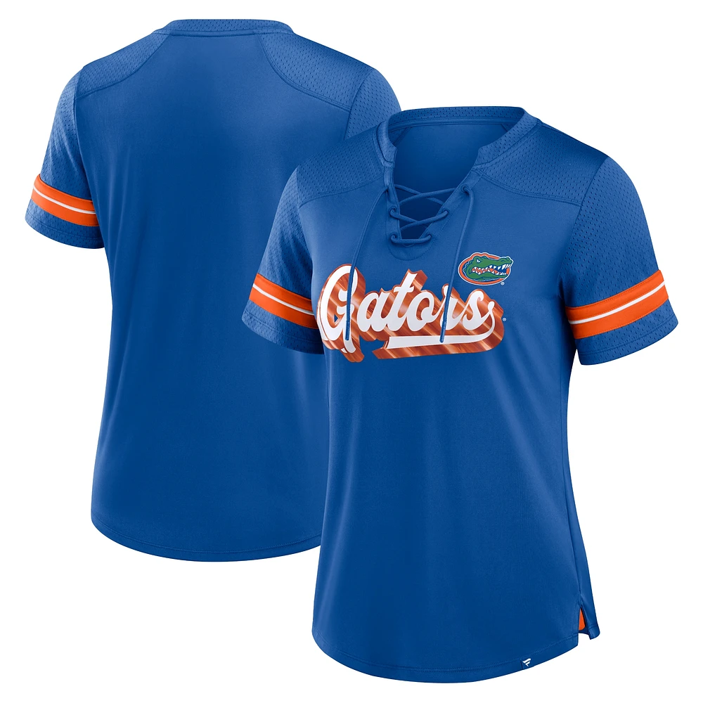 T-shirt à lacets et col en V Athena pour femmes Fanatics Royal Florida Gators Fundamental Overtime Readiness