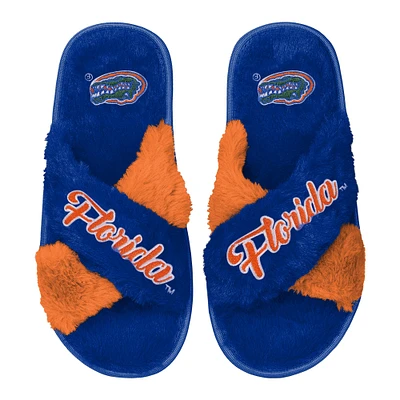 FOCO Royal Florida Gators Chaussons croisés en fausse fourrure bicolore pour femme