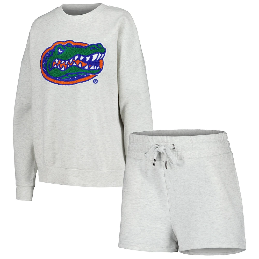 Women's Gameday Couture Ash Florida Gators Team Effort Pullover Sweatshirt & Shorts Sleep Set