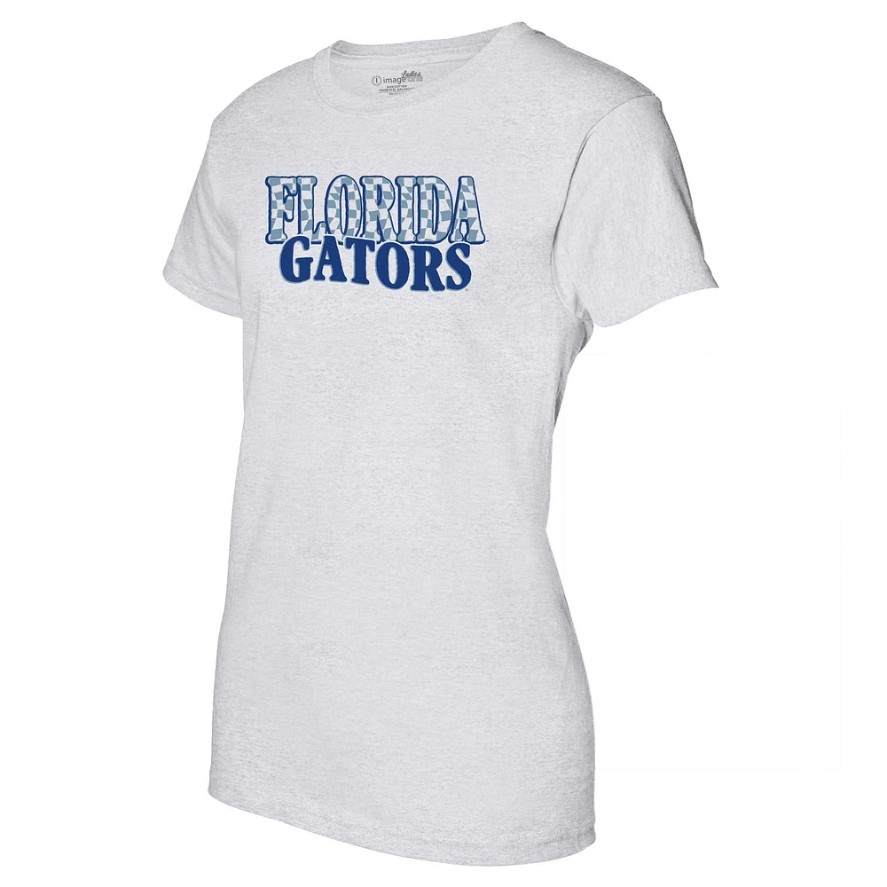 Women's Heather Gray Florida Gators Checkered Team Name Wavy Tri-Blend T-Shirt