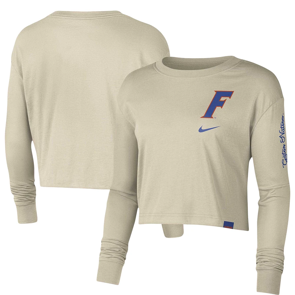 Women's Nike Cream Florida Gators Varsity Letter Long Sleeve Crop Top