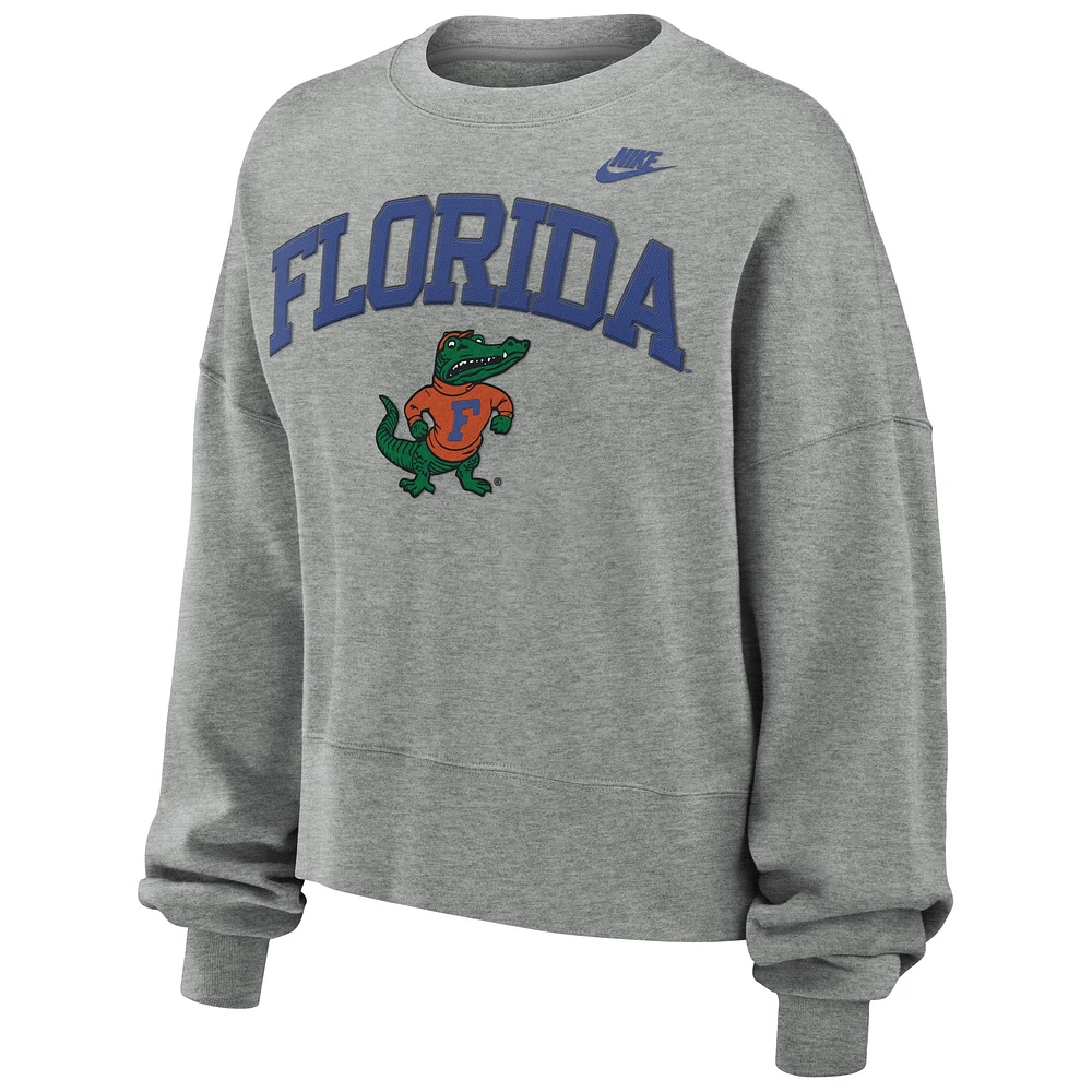 Sweat-shirt en molleton surdimensionné à col rond sergé gris chiné pour femme Nike Florida Gators Legacy Fleece Classic Arch