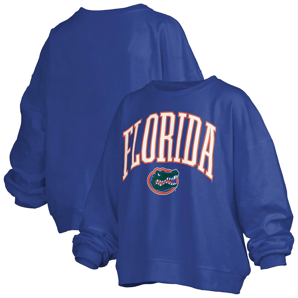 Women's Pressbox Royal Florida Gators Janise Arch Over Logo Waist Length Oversized Pullover Sweatshirt
