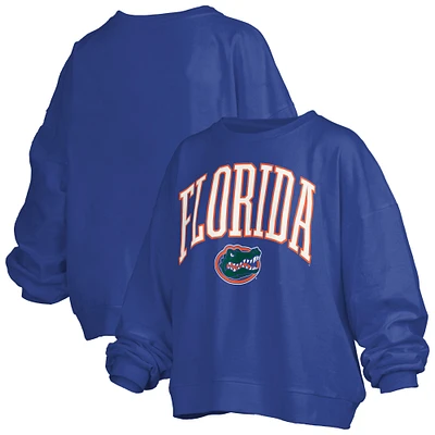Women's Pressbox Royal Florida Gators Janise Arch Over Logo Waist Length Oversized Pullover Sweatshirt