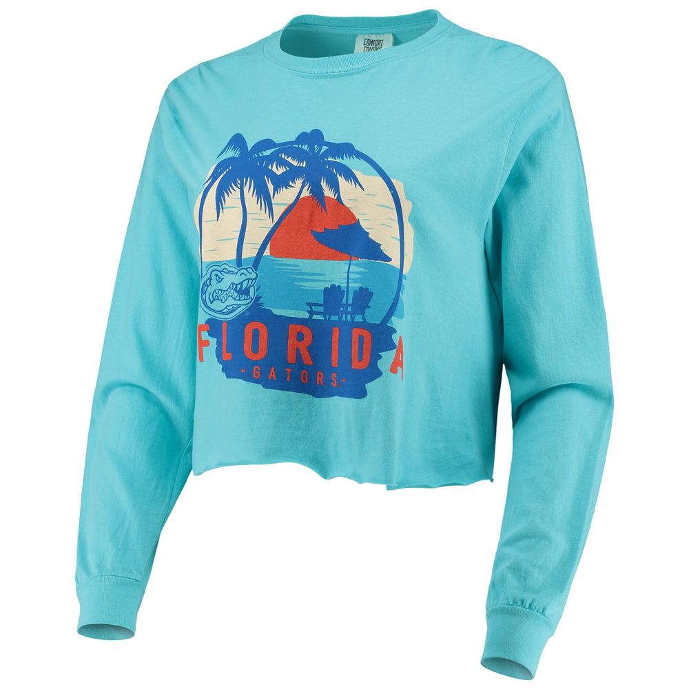 Women's Teal Florida Gators Palm Trees Sunset Long Sleeve Crop Top