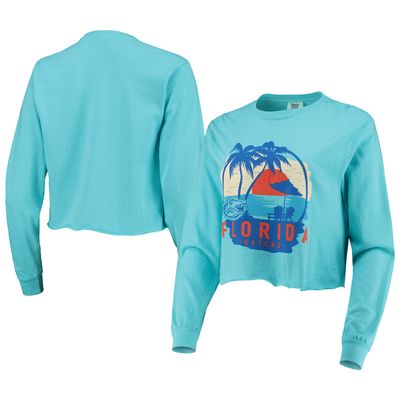 Women's Teal Florida Gators Palm Trees Sunset Long Sleeve Crop Top