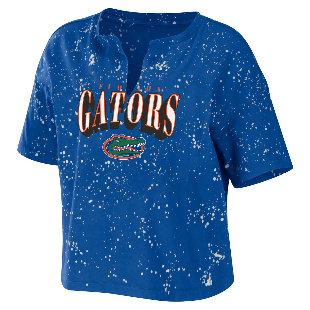 Women's WEAR by Erin Andrews Royal Florida Gators Bleach Wash Splatter Cropped Notch Neck T-Shirt