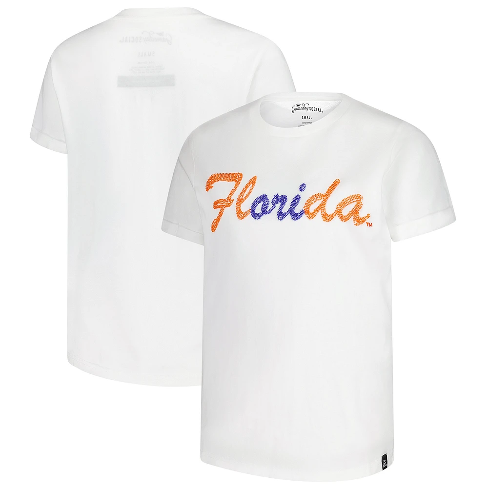 T-shirt blanc pour femme avec inscription en perles cousues à la main des Florida Gators