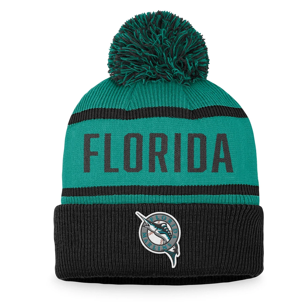 Bonnet en tricot à revers Fanatics pour hommes noir/bleu sarcelle Florida Marlins Cooperstown Collection avec pompon