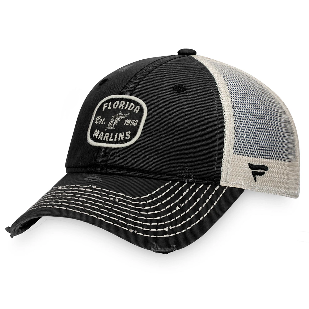 Casquette réglable de camionneur à patch en détresse Fanatics pour hommes, noire des Marlins de la Floride