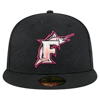 Men's New Era Black Florida Marlins Cooperstown Collection Tonal Koi 59FIFTY Fitted Hat
