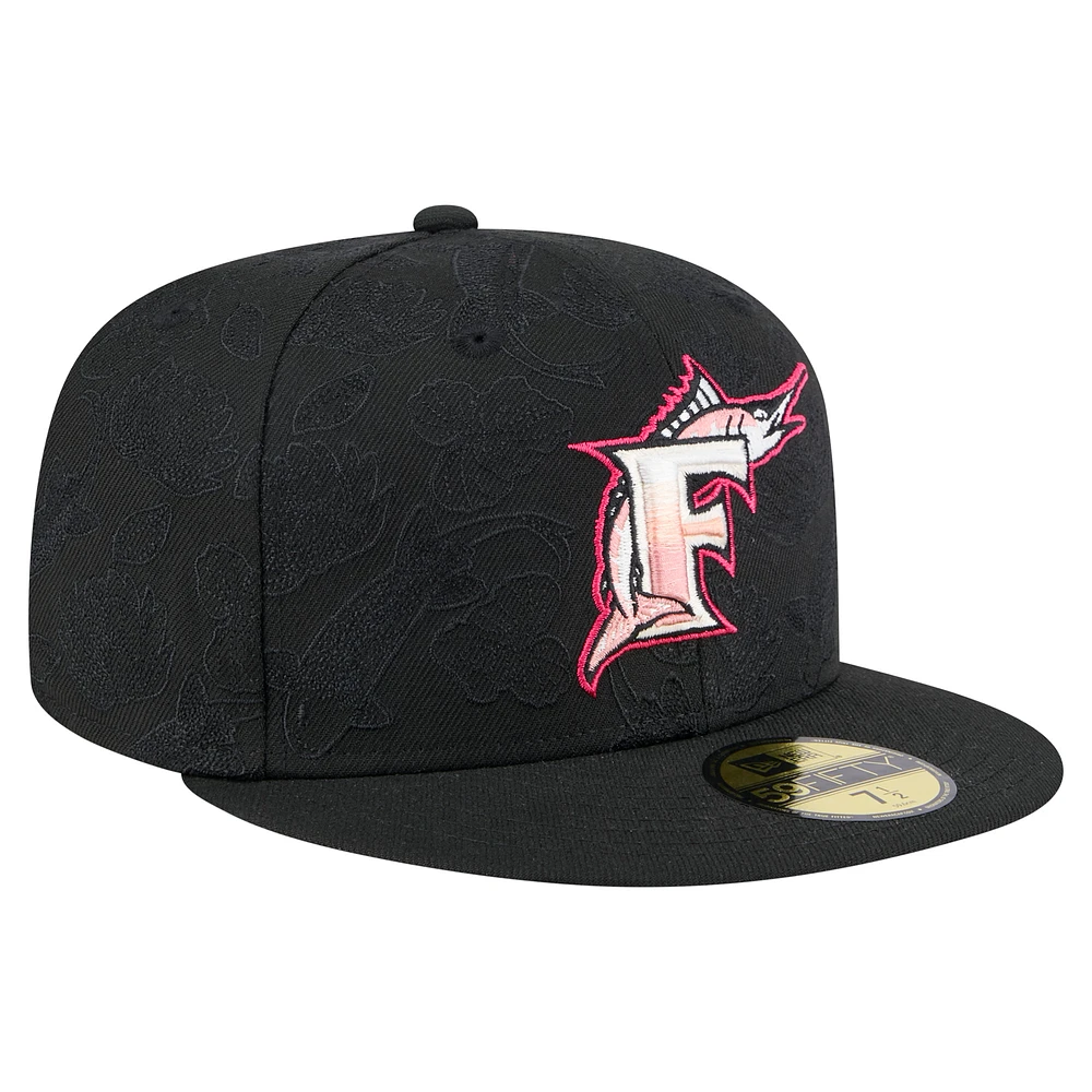 Men's New Era Black Florida Marlins Cooperstown Collection Tonal Koi 59FIFTY Fitted Hat
