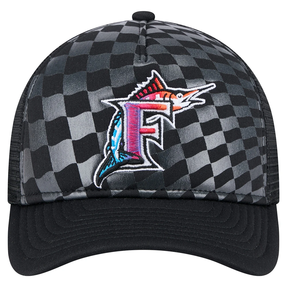 Men's New Era Black Florida Marlins Cooperstown Collection Gradient 9FORTY A-Frame M-Crown Trucker Adjustable Hat