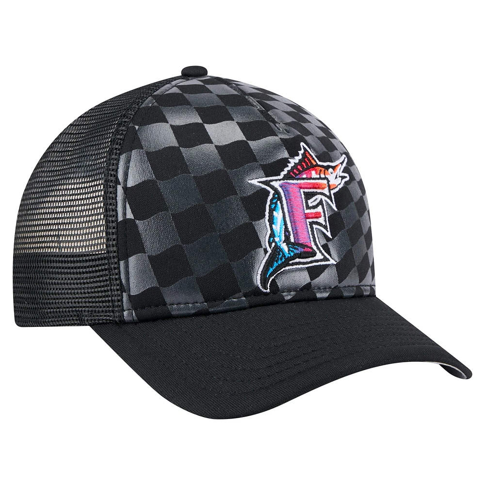 Men's New Era Black Florida Marlins Cooperstown Collection Gradient 9FORTY A-Frame M-Crown Trucker Adjustable Hat