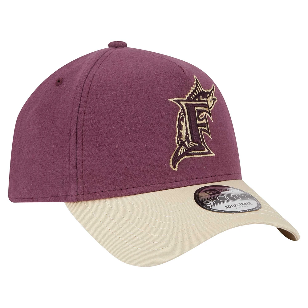 Casquette ajustable Moleskin A-Frame 9FORTY pour homme de la collection Cooperstown des Florida Marlins de New Era, marron