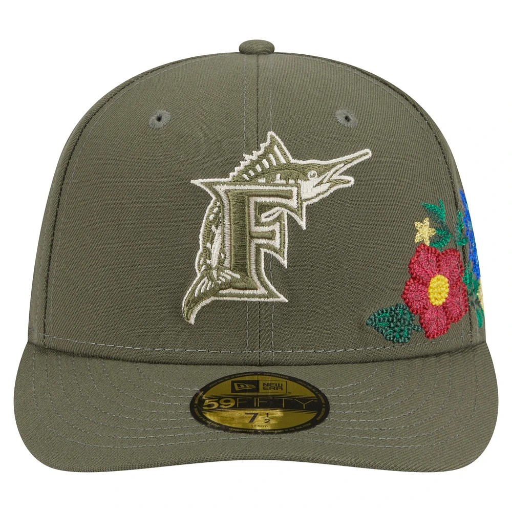 Men's New Era Olive Florida Marlins Cooperstown Collection Tonal Florals 59FIFTY Fitted Hat