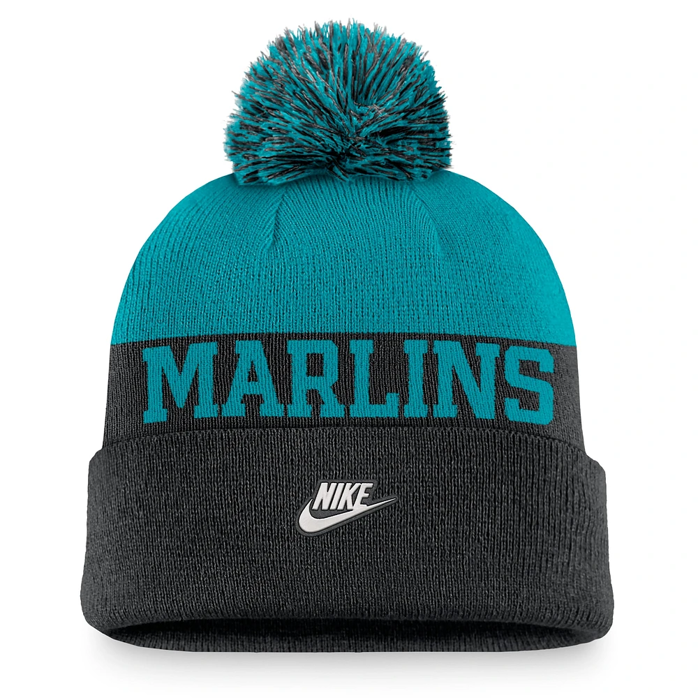 Men's Nike Black Florida Marlins Rewind Peak Cuffed Knit Hat with Pom