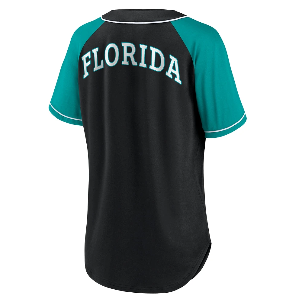 Women's Fanatics Black Florida Marlins Cooperstown Collection Bunt Raglan V-Neck T-Shirt