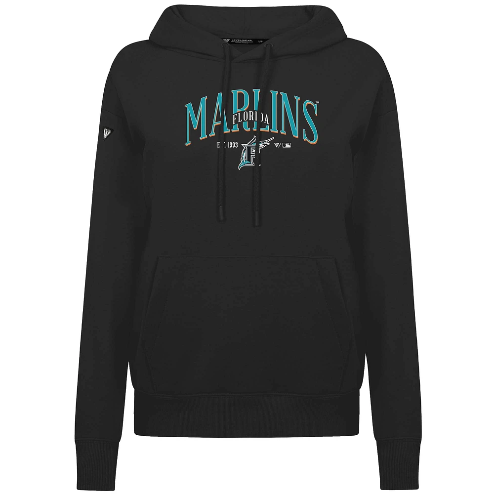 Women's Levelwear Black Florida Marlins  Adorn Throwback Spellout Pullover Hoodie