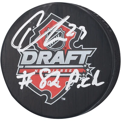 Rondelle de hockey autographiée par Carter Verhaeghe des Panthers de la Floride lors du repêchage de la LNH 2013 avec l'inscription « #82 Pick »