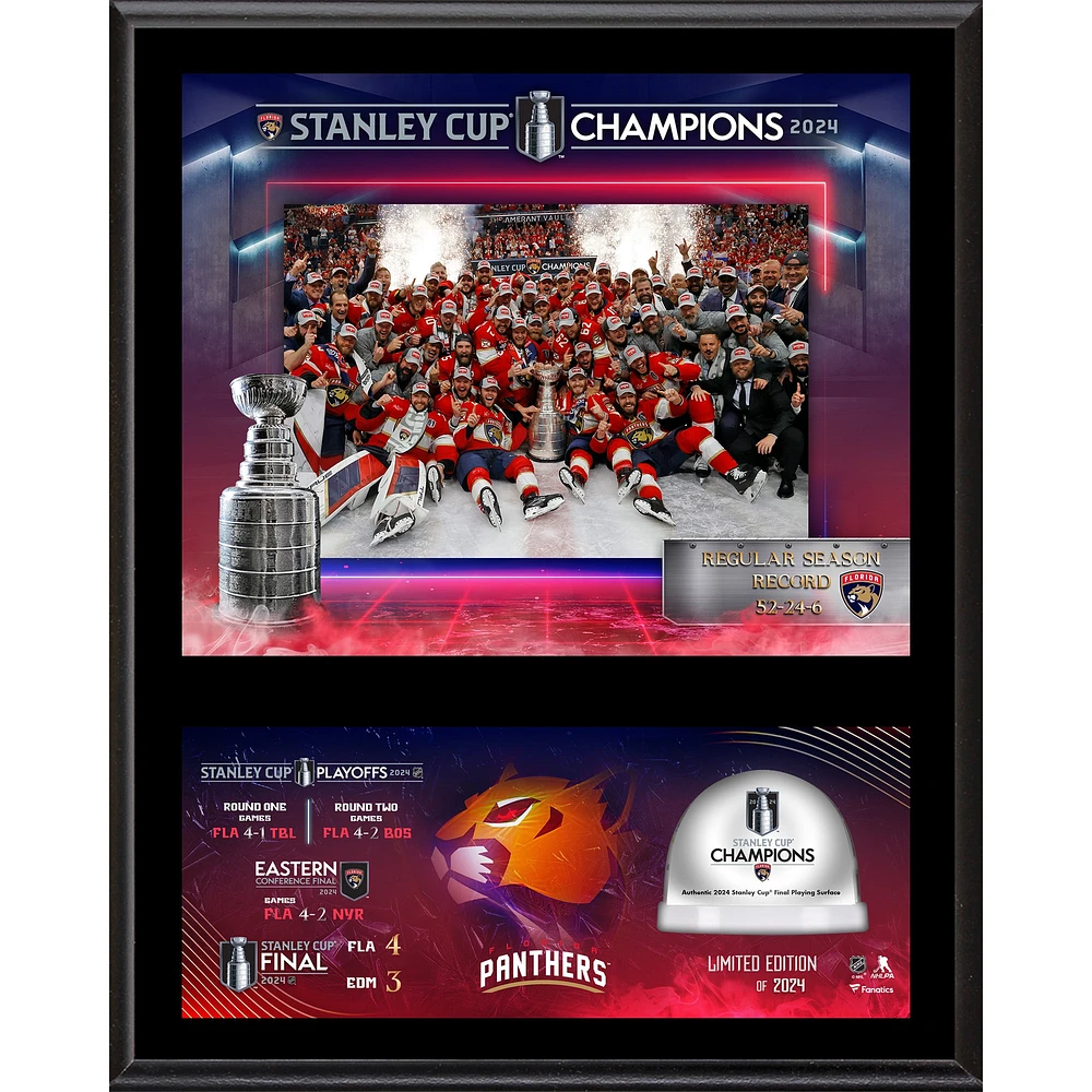Plaque sublimée des Panthers de la Floride 2024 Champions de la Coupe Stanley 12'' x 15'' avec glace utilisée par le jeu - Édition limitée de 2024