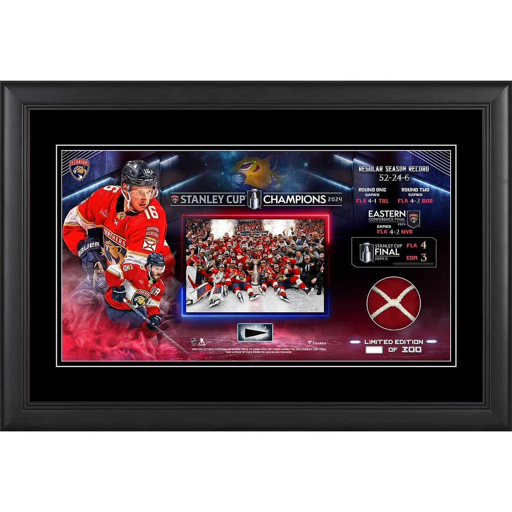 Florida Panthers 2024 Champions de la Coupe Stanley Collage encadré 10" x 18" avec un morceau de filet utilisé par le jeu - Édition limitée à 300 exemplaires