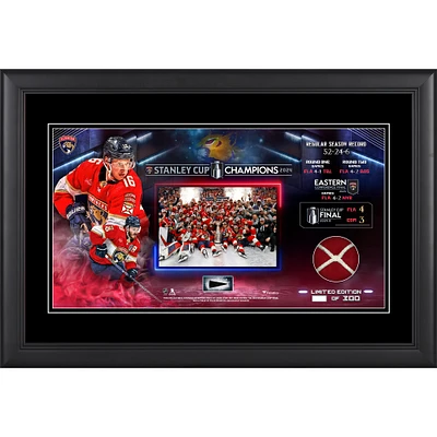 Florida Panthers 2024 Champions de la Coupe Stanley Collage encadré 10" x 18" avec un morceau de filet utilisé par le jeu - Édition limitée à 300 exemplaires