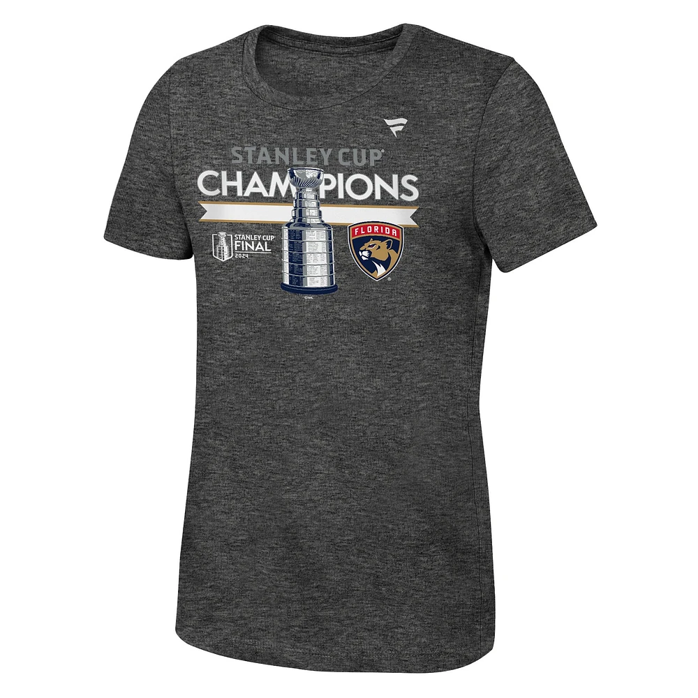 Filles jeunes fanatiques Heather Charcoal Florida Panthers 2024 Champions de la Coupe Stanley T-shirt vestiaire