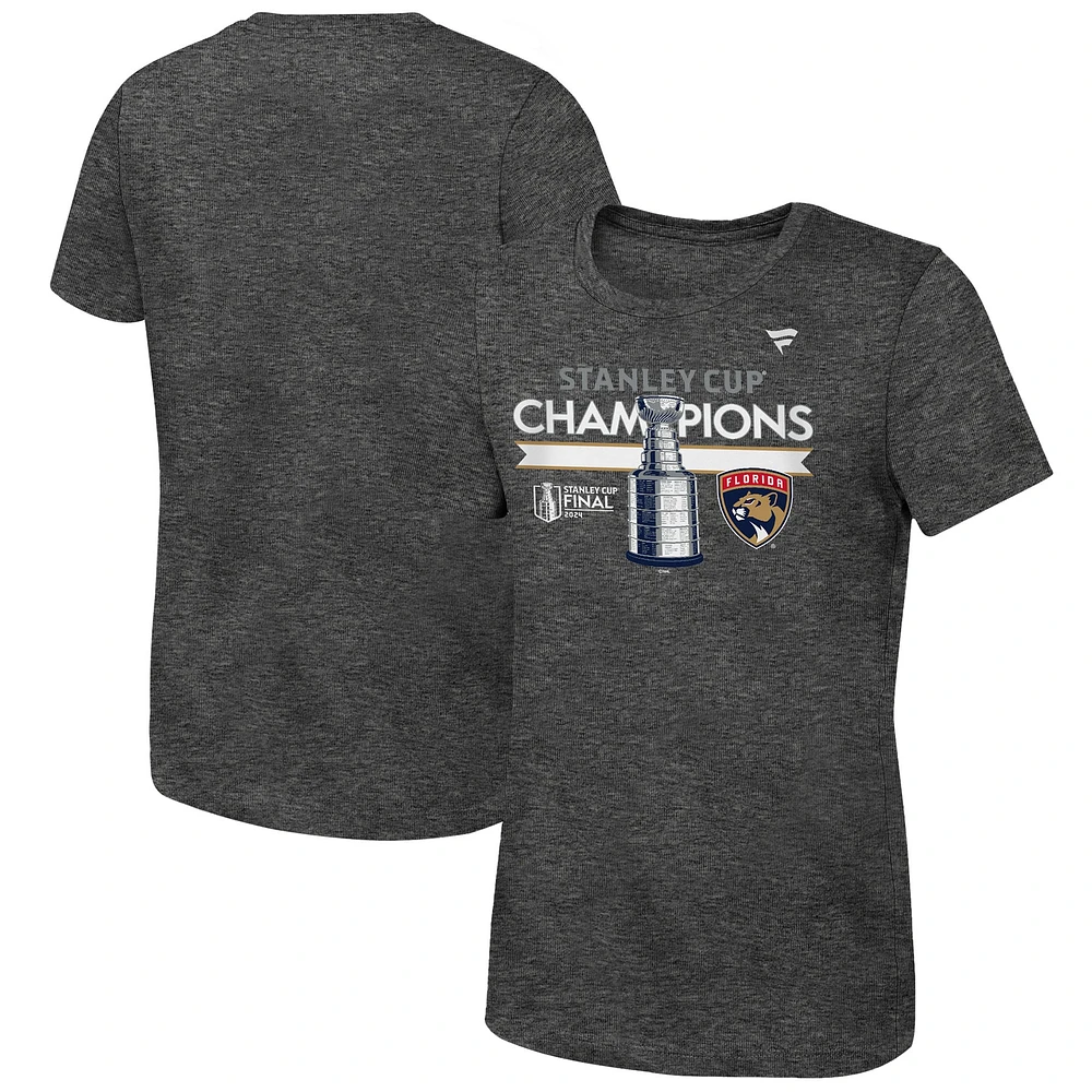 Filles jeunes fanatiques Heather Charcoal Florida Panthers 2024 Champions de la Coupe Stanley T-shirt vestiaire