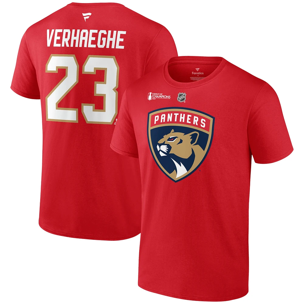 Fanatics pour hommes Carter Verhaeghe Red Florida Panthers 2024 Champions de la Coupe Stanley T-shirt authentique avec nom et numéro pile