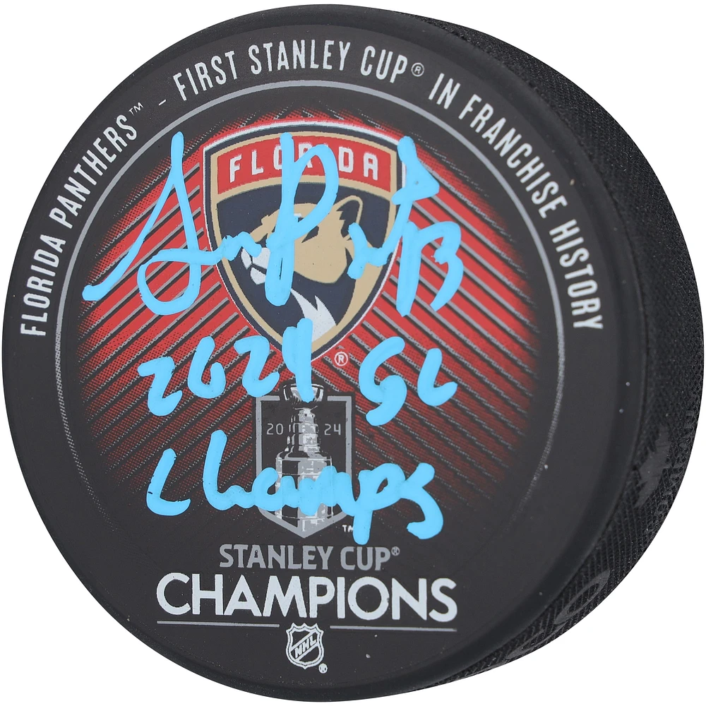 Sam Reinhart Florida Panthers Autographed 2024 Stanley Cup Champions Hockey Puck with "2024 SC Champs" Inscription