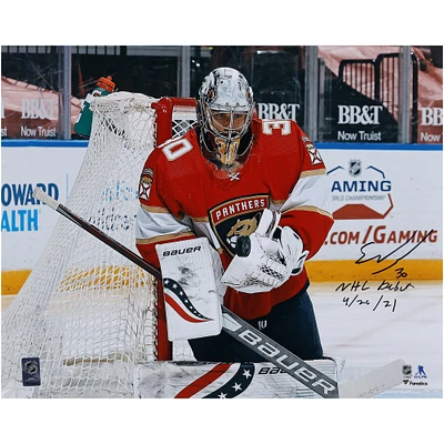 Spencer Knight Florida Panthers Autographed 16" x 20" Goalie Photograph with "NHL Debut 4/20/21" Inscription