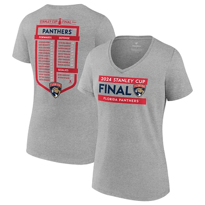 T-shirt à col en V Fanatics Steel Florida Panthers 2024 pour femmes, liste des champions de la Conférence Est