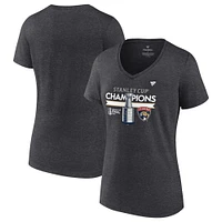 Women's Fanatics  Heather Charcoal Florida Panthers 2024 Stanley Cup Champions Locker Room Plus V-Neck T-Shirt