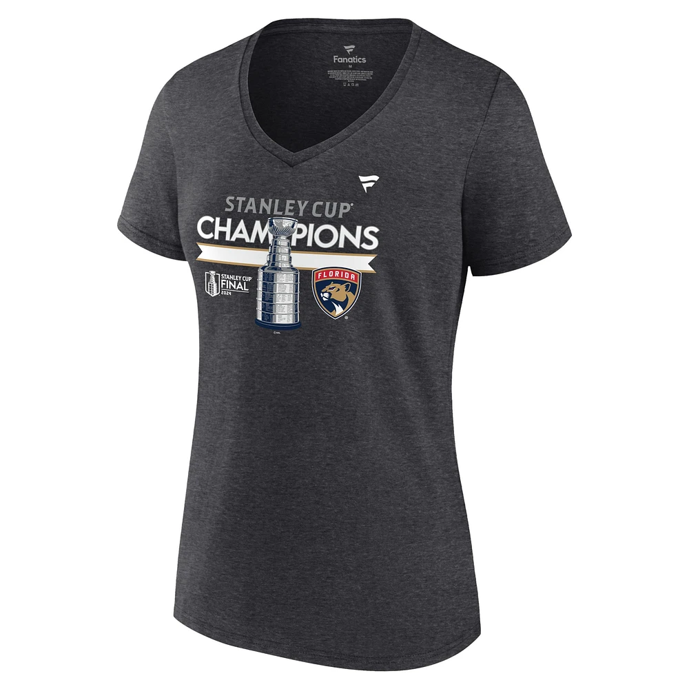 Fanatics Heather Charcoal Florida Panthers 2024 Champions de la Coupe Stanley Vestiaire T-shirt à col en V grande taille pour femmes