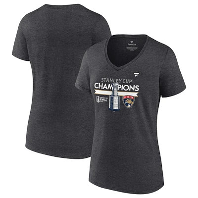 Fanatics Heather Charcoal Florida Panthers 2024 Champions de la Coupe Stanley Vestiaire T-shirt à col en V grande taille pour femmes