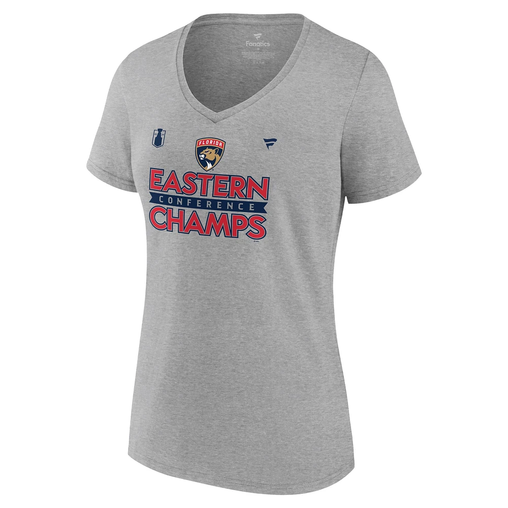 Fanatics Heather Grey Florida Panthers 2024 Champions de la Conférence l'Est Vestiaire T-shirt à col en V pour femmes