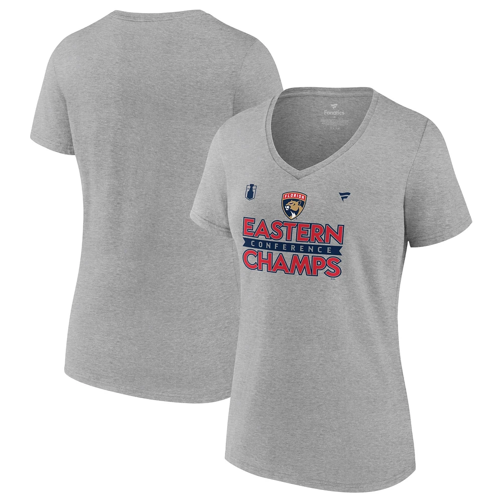 Fanatics Heather Grey Florida Panthers 2024 Champions de la Conférence l'Est Vestiaire T-shirt à col en V pour femmes